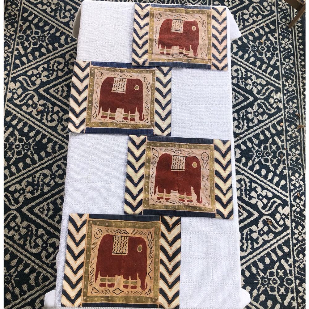 Vintage Hand-painted Elephant Placemats‎ Set of 4 16x12 Bohemian Boho Home Decor